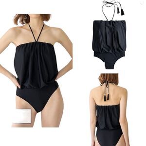 J Crew Black Jersey Lomellina Blouson Tassel Halter Strapless Swimsuit Sz 22 NWT